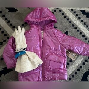 New BearPaw & Columbia Kids Pink Puffer Winter Jacket 6x Hat Gloves